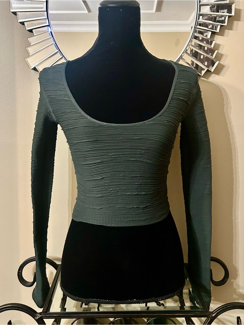Marciano Dark Green Ribbed Long Sleeve Scoop Neck Crop Top